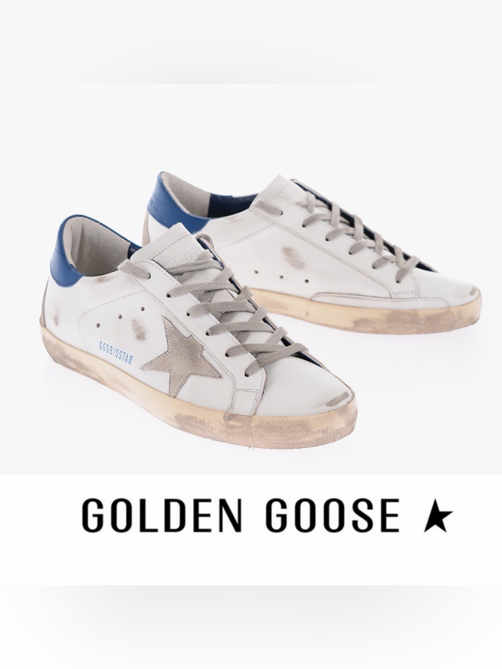 Golden Goose White Leather Sneakers With Blue Heel And Gray Star